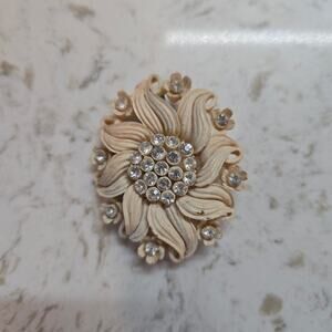 Vintage Celluloid Brooch Floral Rhinestone Ivory Cream